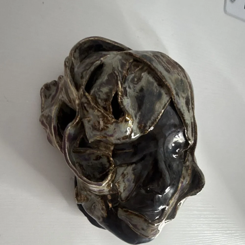 Glazed Ceramic Face Decorative Mask Wall Art - Black Brown Gold Purple